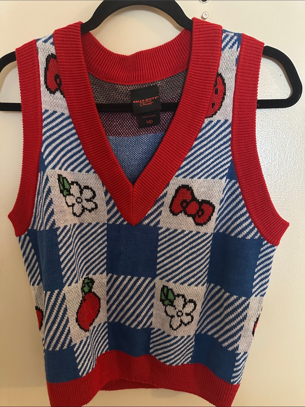 Hello Kitty Acrylic Tight-Knit Check Sweater Vest V-Neck Blue Red White M